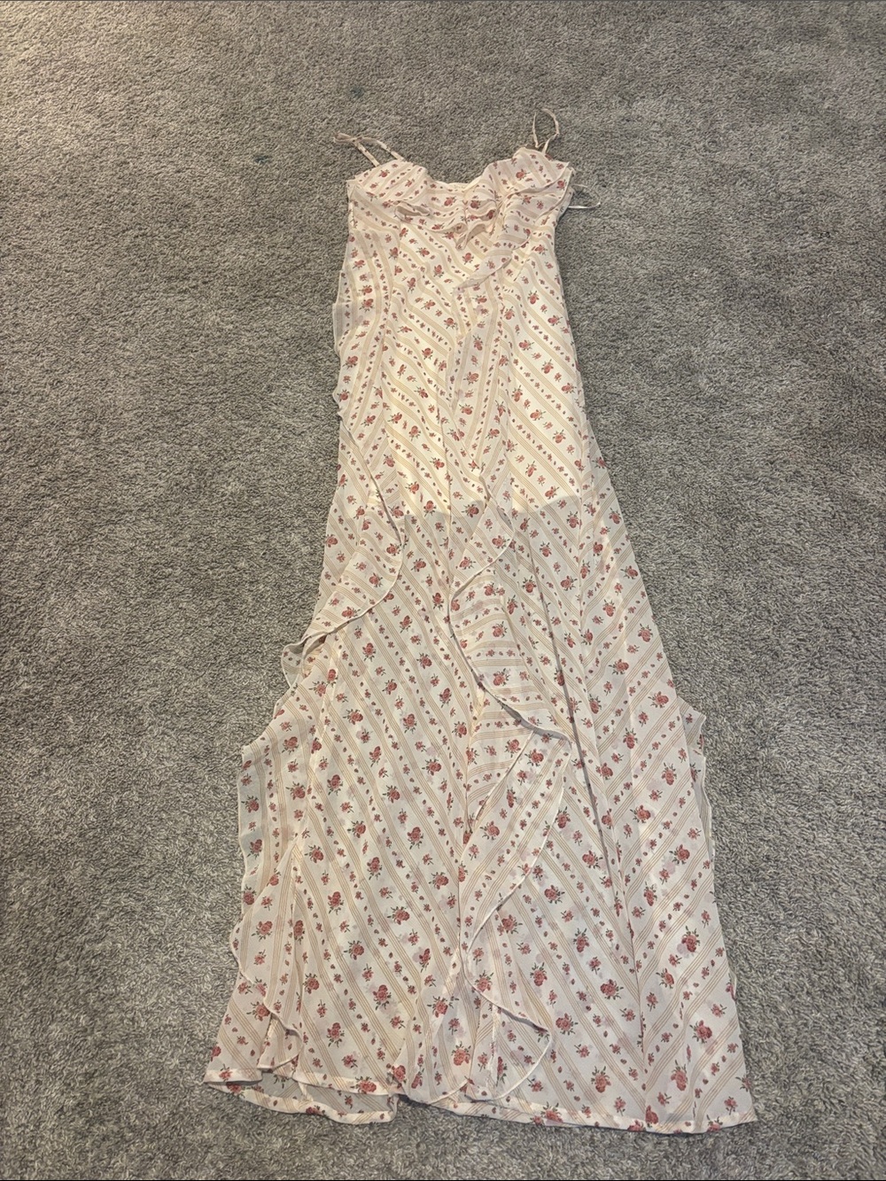 Cream Floral Maxi Slip Dress with Pink Flower Print